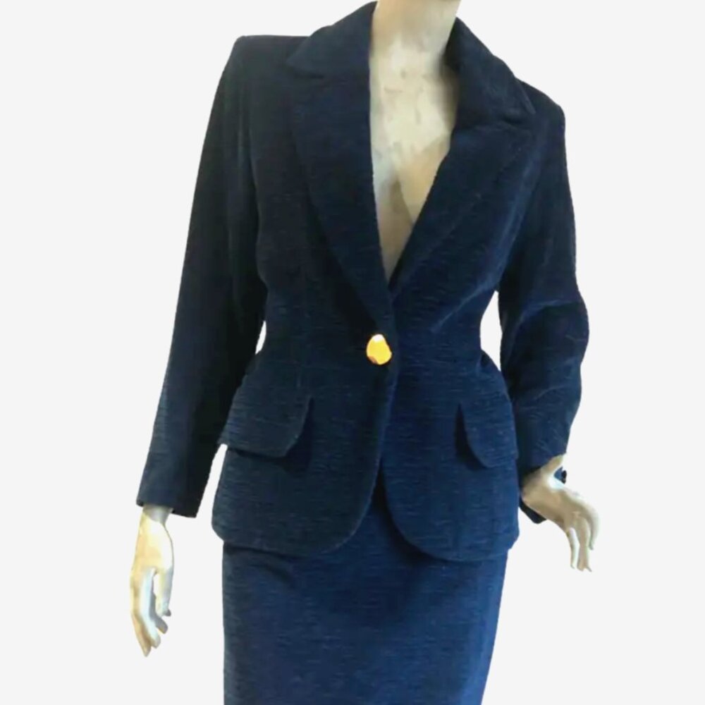 Vintage Yves Saint Laurent Blue Velvet Skirt Suit Gold Buttons French Size 44